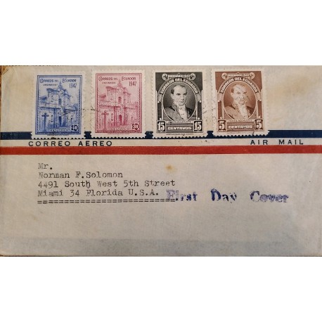 L) 1947 ECUADOR, VICENTE ROCAFUERTE, TEMPLE, CHURCH, BLUE, 40C, FIRST DAY COVER, AIRMAIL, CIRCULATED COVER FROM ECUADOR TO USA
