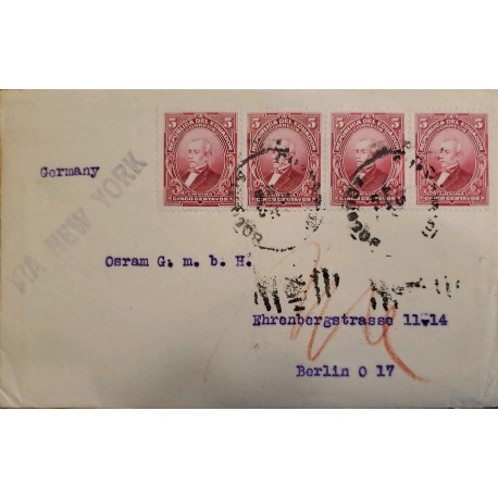 L) 1910 ECUADOR, URVINA, 5C, RED, VIA NEW YORK, CIRCULARED COVER FROM ECUADOR TO BERLIN