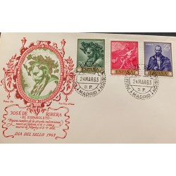 A) 1963, SPAIN, MADRID, FDC, THE SPANISH PAINTINGS STAMPS THE TRIUMPH OF BACO, SAINT JOHN BAPTIST, ARQUIMEDES