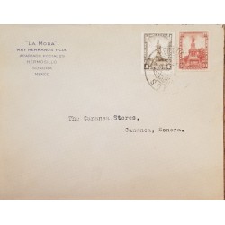 J) 1923 MEXICO, COLUMBUS MONUMENT, MULTIPLE STAMPS, AIRMAIL, CIRCULATED COVER, FROM HERMOSILLO TO CANANEA