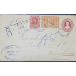 L) 1895 ECUADOR, RED EMBOSSED STATIONARY ENVELOPE (H&G B11), UP-RATED FOR REGISTERED USES TO GERMANY WITH 1894 10C
