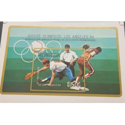 A) 1984, NICARAGUA, BASEBALL, IMPERFORATE, PROOF, OLYMPIC GAMES, LOS ANGELES UNITED STATES