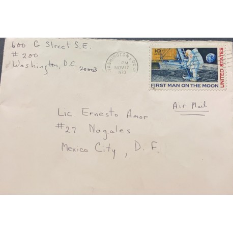 A) 1970, UNITED STATES, FROM WASHINGTON TO MEXICO CITY D.F, AIRMAIL, FIRST MAN ON THE MOON STAMP