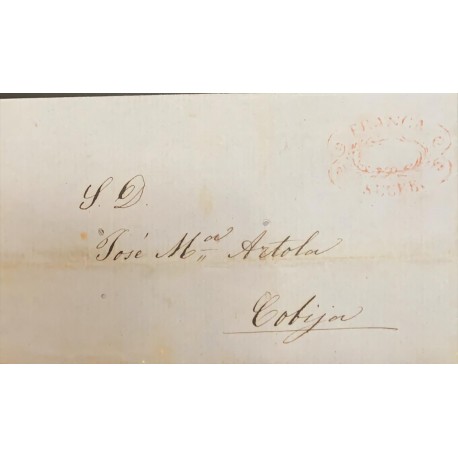 A) 1856, BOLIVIA, PRESTAMP, ENTIRE LETTER TO COBIJA, WITH FRANCY RED FRANCA SUCRE, DATED JAN 13 1856