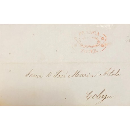 A) 1856, BOLIVIA, PRESTAMP, ENTIRE LETTER TO COBIJA, CANCELED BY RED OVAL, FRANCA SUCRE, DATED OCT 3 1856