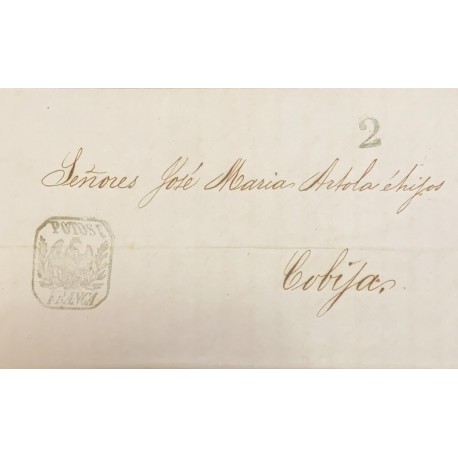 A) 1856, BOLIVIA, PRESTAMP, ENTIRE LETTER TO COBIJA, WITH DARK GREEN POTOSI FRANCA