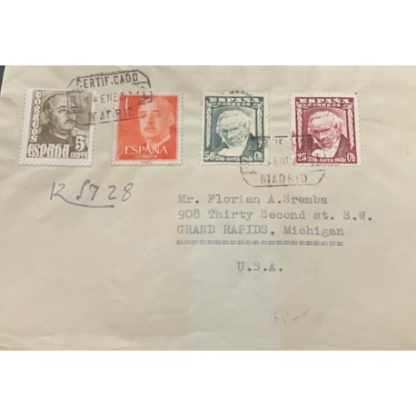 A) 1957, SPAIN, FROM MADRID TO MICHIGAN-UNITED STATES, CERTIFICATED, GENERAL FRANCO STAMP