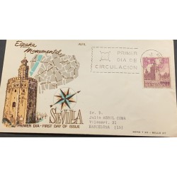 A) 1966, SPAIN, TOURISM, FDC, FROM MADRID TO BARCELONA, GOLD TOWER SEVILLE STAMP
