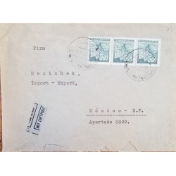 J) 1945 CZECHOSLOVAKIA, LINDEN LEAVES AND BULDS, STRIP OF 3, AIRMAIL, CIRCULATED COVER, INTERIOR MAIL WITHIN TO MEXICO