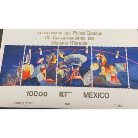 A) 1985, MEXICO, SATELLITE LAUNCH SOUVENIR SHEET OF 3 STAMPS, MNH, MORELOS TELECOMMUNICATIONS