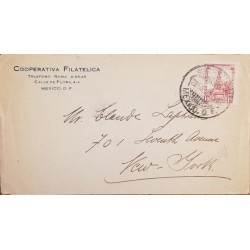 J) 1923 MEXICO, CUAUHTEMOC MONUMENT, PHILATELIC COOPERATIVE, AIRMAIL, CIRCULATED COVER, FROM MEXICO TO NEW YORK