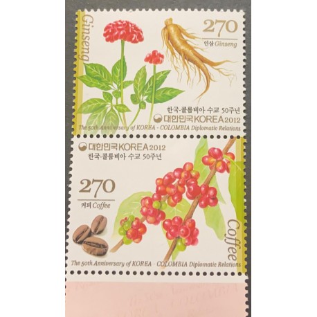 A) 2012, KOREA COLOMBIA, PLANTS, COFFEE AND GINSENG, JOINT ISSUE, DIPLOMATIC RELATIONS, MNH
