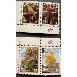 A) 1990, COSTA RICA, PARROTS AND ENVIRONMENT PROTECTION, AMERICA UPAEP, MACAW, YELLOW BARK, MNH