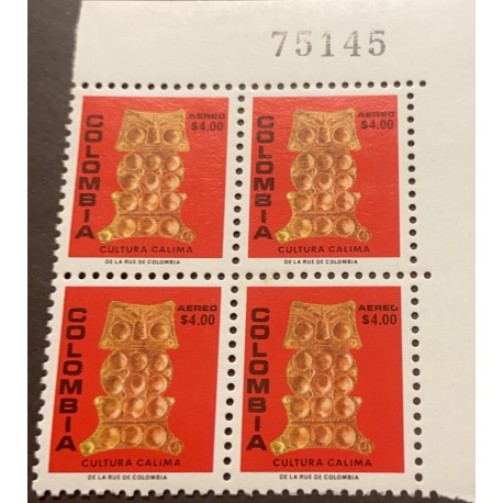 A) 1978, COLOMBIA, GOLDEN ORNAMENT, CALIMA CULTURE, MNH, PECTORAL THE OWL, BLOCK OF 4