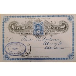 L) 1894 ECUADOR, VICENTE ROCAFUERTE, 3C BLUE, POSTCARD, UPU, CIRCULATED COVER FROM ECUADOR TO GERMANY