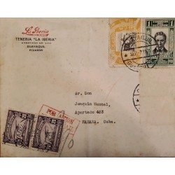 L) 1931 ECUADOR, OLMEDO, 1 SUCRE, GREEN, QUITO IS AN ART MUSEUM, AIRPLANE, GOVERNMENT PALACE, AIRMAIL, CIRCULATED