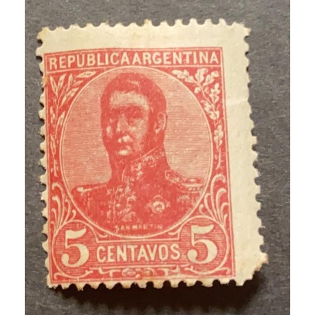 A) 1908, ARGENTINA, GENERAL JOSE DE SAN MARTIN, SHIFTED, 5C, DATA ISSUED OF FEB 29 1908, DARK PINK