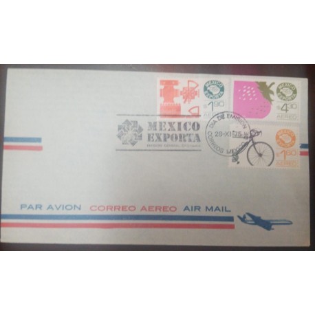 A) 1975, MEXICO EXPORTA, OIL VALVES, STRAWBERRY AND BICYCLE, FDC, AIRMAIL, COVER OR ENVELOPED