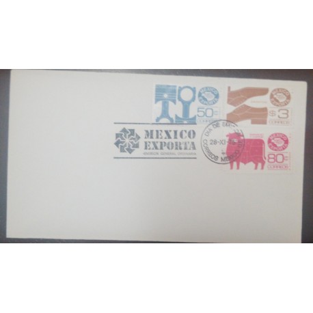 A) 1975, MEXICO EXPORTA, COVER OR ENVELOPED, 50C, 3C AND 80C, FDC, AUTO PARTS, SHOES AND CATTLE AND MEAT, CANCELATION
