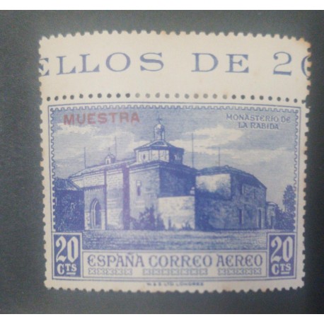 A) 1930, SPAIN, MONASTERY OF LA RABIDA, SPECIMEN, 20CTS, AIR MAIL EUROPE, NAVY BLUE, OVERPRINT