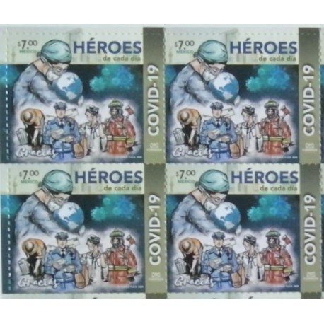 A) 2020, MEXICO, EVERYDAY HEROES, SINGLE, FIGHT AGAINST PANDEMIC, HEALTHCARE WORKERS, NEW ISSUES, MNH, BLOCK OF 4