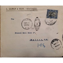 L) 1927 ECUADOR, GARCIA MORENO, BLUE, 10C, BARREL SEAL, CIRCULATED COVER FROM GUAYAQUIL TO CANAL ZONE