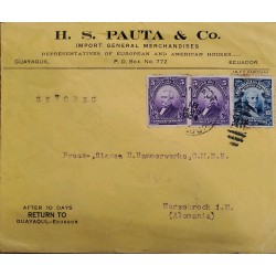 L) 1928 ECUADOR, GARCIA MORENO, URVINA, PURPLE, 5 CENTAVOS, 10C, BLUE, CIRCULATED COVER FROM ECUADOR TO GERMANY
