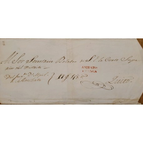 L) 1850 CIRCA ECUADOR, QUITO, PRESTAMPS, PREPHILATELIC, AMBATO FRANCA SEAL RED, XF