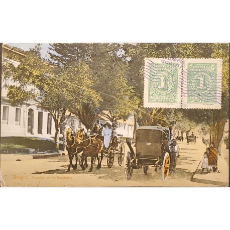L) 1915 COLOMBIA, POSTCARD, UN CENTAVOS, NUMERAL, GREEN, HORSE, BOGOTA, CIRCULATED FROM BOGOTA TO SWITZERLAND