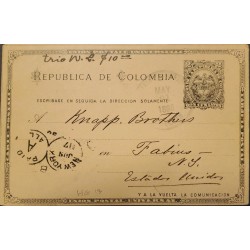 L) 1896 COLOMBIA, POSTCARD, COAT OF ARMS, 2 CENTAVOS, CIRCULATED FROM MEDELLIN TO UNITED STATES