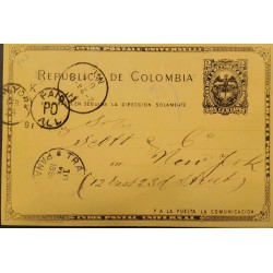 L) 1891 COLOMBIA - PANAMA, COAT OF ARMS, 2 CENTAVOS, EAGLE, CIRCULATED FROM PANAMA TO NEW YORK