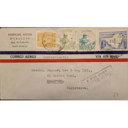 L) 1948 COLOMBIA, MAP, SOUTH AMERICA, AIR SUPPORT, CASTLE, COMMUNICATIONS PALACE, TRANSATLANTICO, AIRMAIL