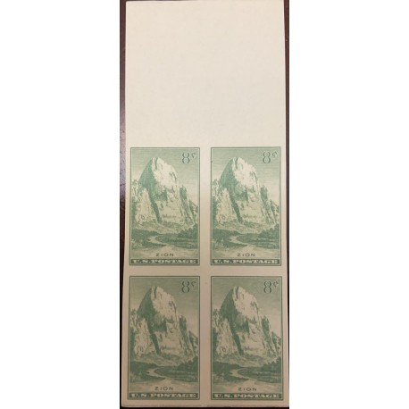 A) 1934, UNITED STATES, NATIONAL PARKS, IMPERFORATE BLOCK OF 4, GREEN, ZION