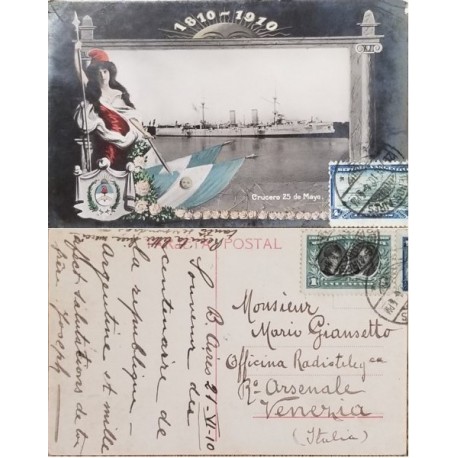 A) 1910, ARGENTINA, POSTCARD, FROM BUENOS AIRES TO VENEZIA ITALY, RODRIGUEZ AND VIEYTEZ STAMP