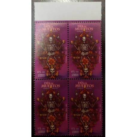 A) 2016, MEXICO, SKULLS, DAY OF THE DEAD, MNH, COLORED, BLOCK OF 4, MEXICAN TRADITIONS