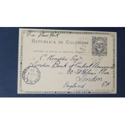 L) 1897 COLOMBIA, POSTCARD, COAT OF ARMS, 2 CENTAVOS, AGENCIA PANAMA, VIA NEW YORK, CIRCULATED FROM VENEZUELA TO ENGLAND