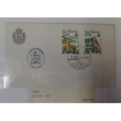 A) 1986, SAN MARINO, ANIMALS, DEER AND BIRDS, FDC, PRETECTION OF NATURE, ISSUE EUROPA