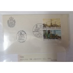 A) 1986, SAN MARINO, CITIES OF THE WORLD, FDC, CHICAGO-UNITED STATES