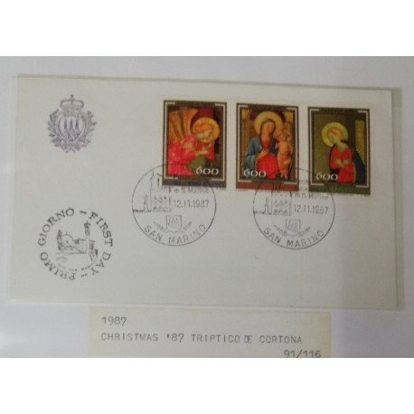 A) 1987, SAN MARINO, PAINTER, CHRISTMAS, FDC, CROWN TRIPTYCH