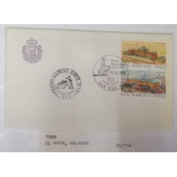 A) 1988, SAN MARINO, CITIES OF THE WORLD, THE HAGUE NETHERLANDS, FDC