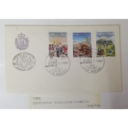 A) 1989, SAN MARINO, FRENCH REVOLUTION, FDC, THE OATH IN THE GAME OF THE BALL, ARREST OF KING LOUIS XVI,