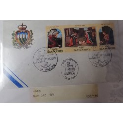 A) 1989, SAN MARINO, CHRISTMAS, FDC, ANGELS AND ADORATION OF THE CHILD JESUS