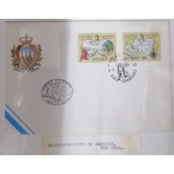 A) 1992, SAN MARINO, DISCOVERY OF AMERICA, FDC, THE FIRST LANDING, ROUTES OF THE FOUR JOURNEYS OF COLUMBUS