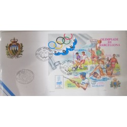 A) 1992, SAN MARINO, FOOTBALL, SHOOTING, SWIMMING, ATHLETICS, FDC, OLYMPIC GAMES BARCELONA SPAIN