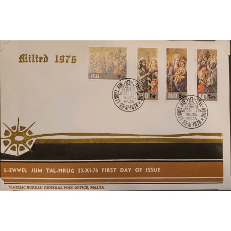 A) 1976, MALTA, CHRISTMAS, FDC, THE VIRGIN AND THE SAINTS, VALETTA MUSEUM OF FINE ARTS
