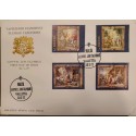 A) 1977, MALTA, FLAMENCO UPHOLSTERY, FDC, THE ANNUNCIATION, THE FOUR EVANGELISTS, NATIVITY AND ADORATION OF THE WISE KINGS