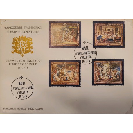 A) 1978, MALTA, FLAMENCO UPHOLSTERIES, FDC, RUBENS, ENTRY INTO JERUSALEM, THE LAST SUPPER,