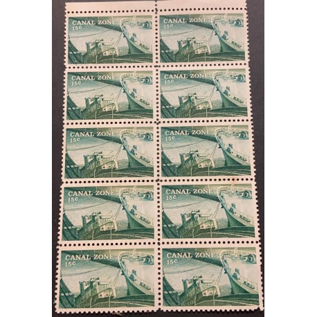 J) 1978 CANAL ZONE, TOWING LOCOMOTIVE, SHIP IN LOCK, BLOCK OF 10, MNH