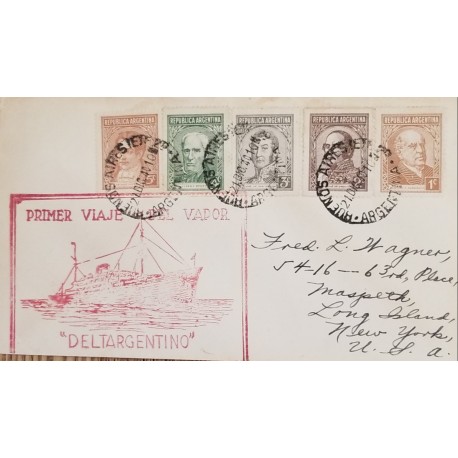 A) 1940, ARGENTINA, FROM BUENOS AIRES TO NEW YORK-UNITED STATES, FIRST VAPOR JOURNEY DELTARGENTINO, CHARACTERS STAMPS