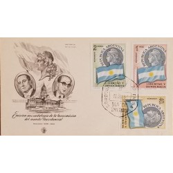 A) 1958, ARGENTINA, FLAG, FDC, REMINDER ISSUE OF THE TRANSMISSION OF THE PRESIDENTIAL COMMAND, FREEDOM AND DEMOCRACY STAMP